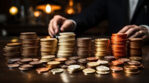Motorcycle accident solicitors counting coins that represent a compensation amount for an electric scooter accident claim.